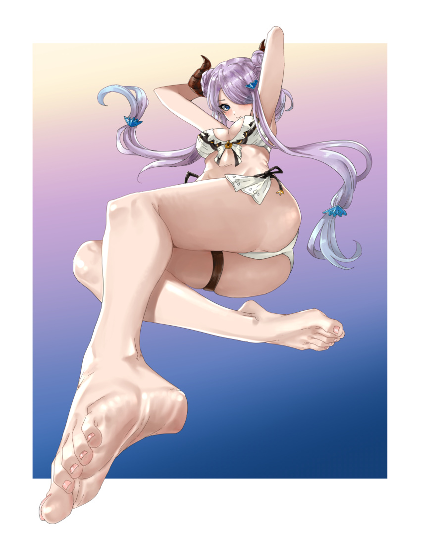 armpits arms_up ass bare_legs barefoot bikini border braid braided_bun breasts cow_horns double_bun draph eiji_(eiji) feet female foot_focus foreshortening granblue_fantasy granblue_fantasy_versus granblue_fantasy_versus:_rising hair_bun hair_ornament hair_over_one_eye hairclip highres horns large_breasts long_hair looking_at_viewer nail_polish narmaya_(granblue_fantasy) narmaya_(summer)_(granblue_fantasy) navel official_alternate_costume official_alternate_hairstyle panties pink_nails purple_hair solo swimsuit thick_thighs thigh_strap thighs toenail_polish toenails underwear white_bikini white_border white_panties