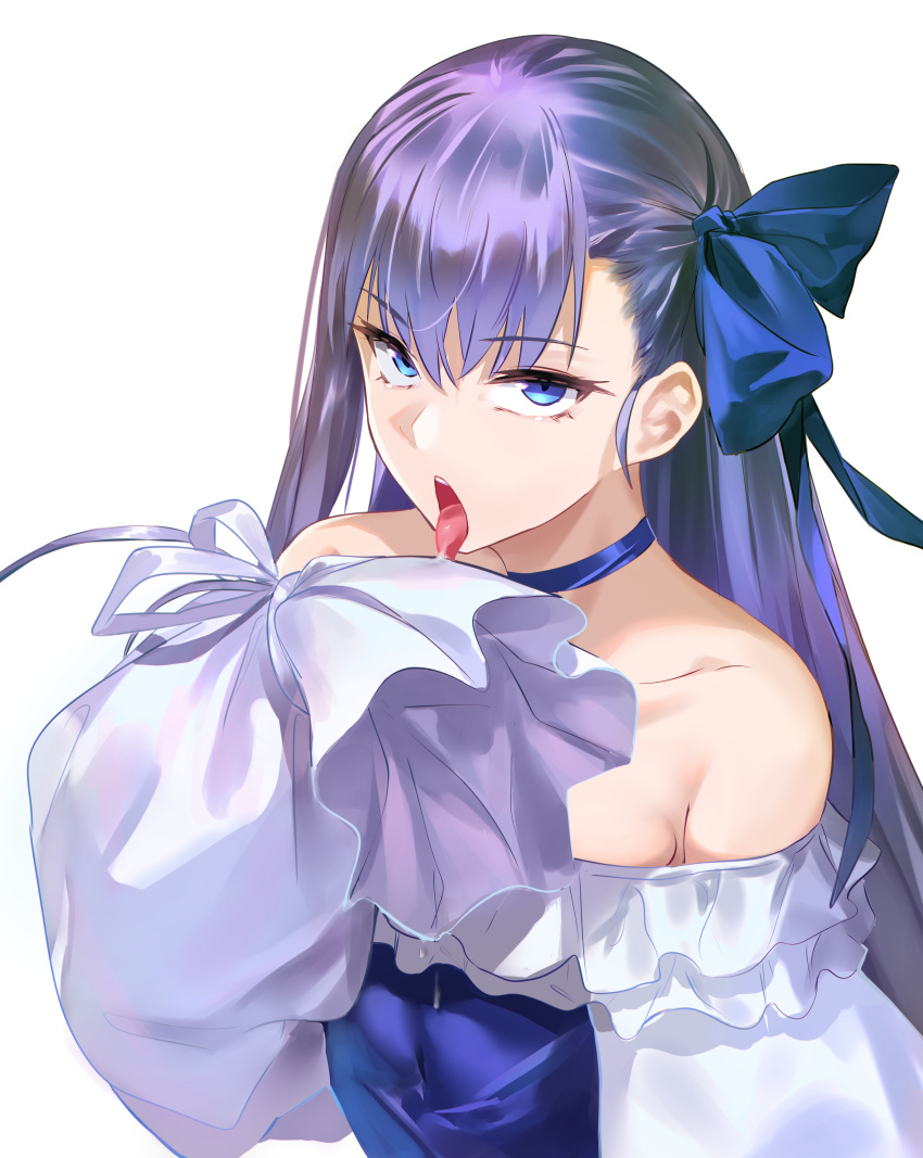 absurdres bare_shoulders blue_eyes blue_ribbon breasts choker das_(dan_dan) fate/grand_order fate_(series) female hair_ribbon highres long_hair long_sleeves looking_at_viewer meltryllis_(fate) meltryllis_(swimsuit_lancer)_(fate) meltryllis_(swimsuit_lancer)_(second_ascension)_(fate) off-shoulder_one-piece_swimsuit off_shoulder one-piece_swimsuit open_mouth puffy_sleeves purple_hair ribbon sleeves_past_fingers sleeves_past_wrists small_breasts solo swimsuit tongue tongue_out white_ribbon