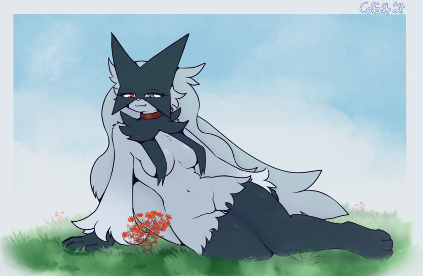 anthro breasts coffeefly female flower fusion generation_5_pokemon generation_9_pokemon grass hi_res legendary_pokemon looking_down lying meowscarada nintendo plant pokemon pokemon_(species) reshiram sky smile solo