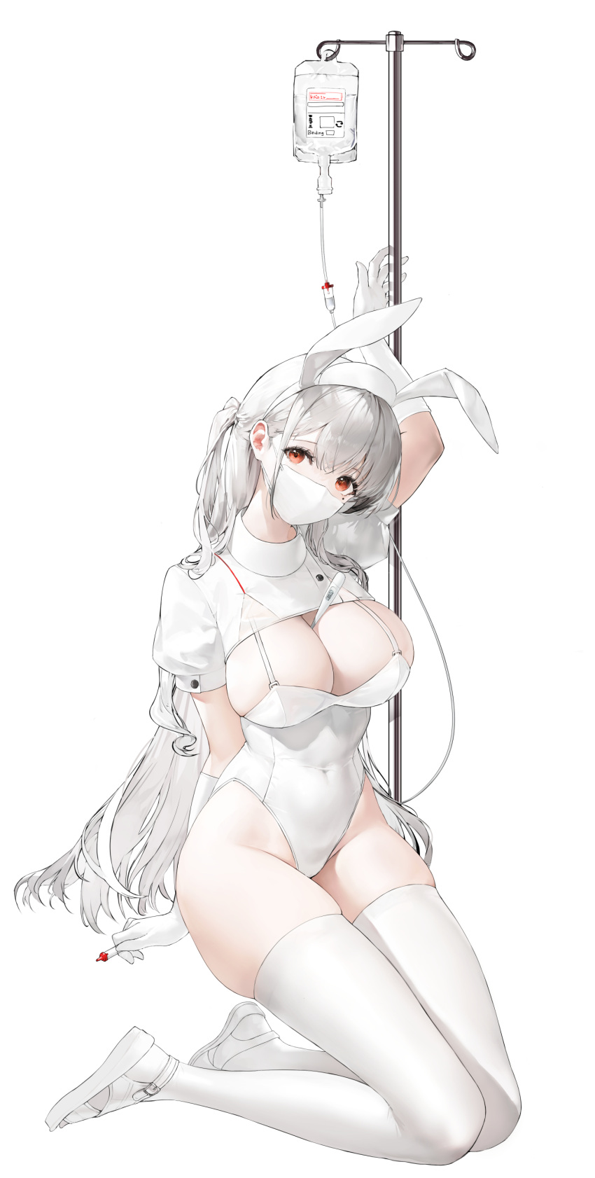 absurdres animal_ears arm_up between_breasts breasts cleavage commentary_request covered_mouth covered_navel digital_thermometer elbow_gloves fake_animal_ears female gloves grey_hair hair_between_eyes hairband haori_io head_tilt highleg highleg_leotard highres holding intravenous_drip iv_stand kneeling large_breasts leotard long_hair looking_at_viewer mask mole mole_under_eye mouth_mask nurse original puffy_short_sleeves puffy_sleeves rabbit_ears red_eyes sandals short_sleeves shrug_(clothing) simple_background solo thermometer thighhighs very_long_hair white_background white_footwear white_gloves white_hairband white_leotard white_mask white_thighhighs