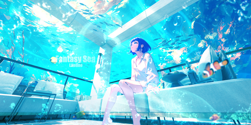 absurdres ai-assisted barefoot blue_eyes book bottle chair clownfish coral female fish food fruit fruit_bowl glass_wall highres lifeline_(a384079959) original purple_hair scenery shirt short_hair solo underwater_house white_shirt