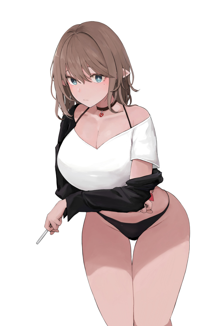 absurdres black_choker black_panties black_shirt blue_eyes breasts bright_pupils brown_hair choker cigarette cleavage curvy elbow_rest female hair_between_eyes heart heart_choker highres hip_tattoo holding holding_cigarette large_breasts leaning_forward long_hair long_sleeves looking_at_viewer n_amu off_shoulder original panties pointy_ears shirt short_sleeves simple_background solo thighs underwear white_background white_pupils white_shirt