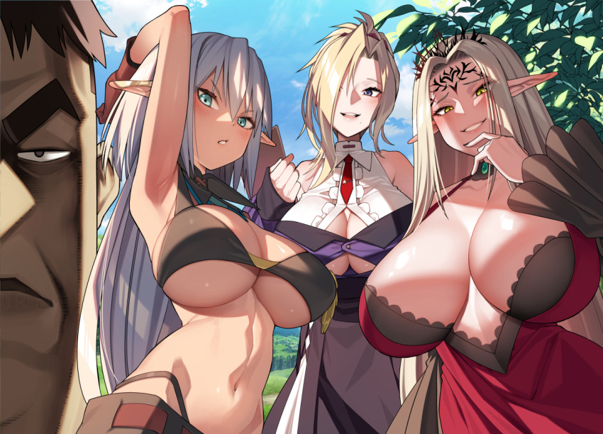 1boy 3girls arm_up armpits bane_(haibanemumi) bare_shoulders black_hair blonde_hair breasts cleavage crown elf gloves green_eyes hair_between_eyes hair_over_one_eye highleg highleg_panties large_breasts long_hair long_sleeves looking_at_viewer midriff multiple_girls navel necktie original panties pointy_ears purple_eyes sleeveless ugly_man underwear very_long_hair white_hair yellow_eyes