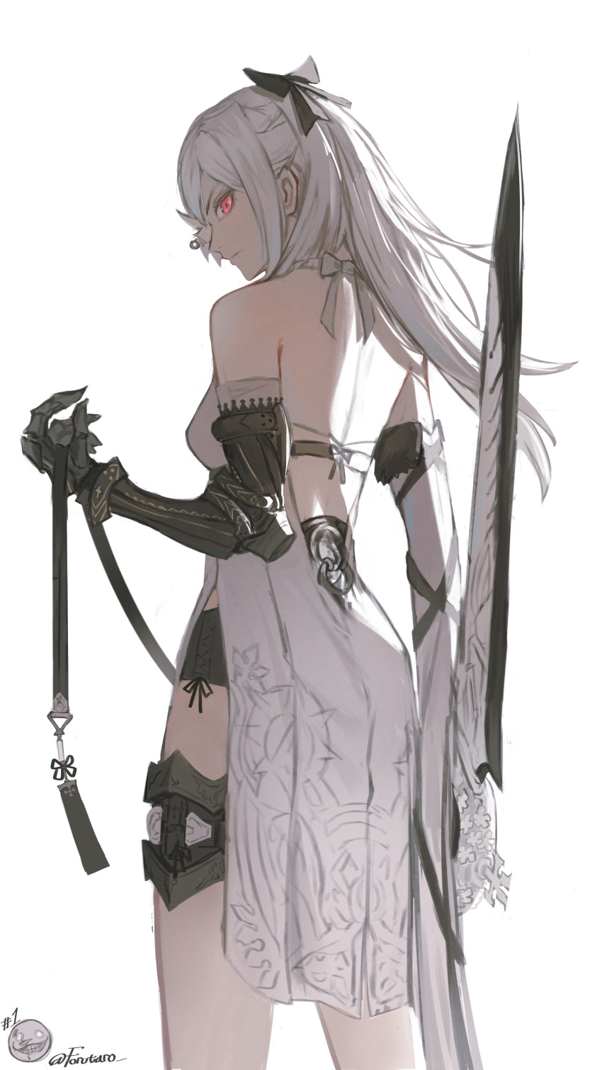 absurdres back_cutout bare_shoulders black_bow black_shorts bow clothing_cutout drag-on_dragoon dress emil_(nier) female forutaro hairbow highres holding holding_sword holding_weapon long_hair looking_at_viewer looking_back median_furrow nier nier_(series) prosthesis prosthetic_arm red_eyes reverse_grip shorts side_slit sidelocks signature solo standing sword weapon white_dress white_hair zero_(drag-on_dragoon)