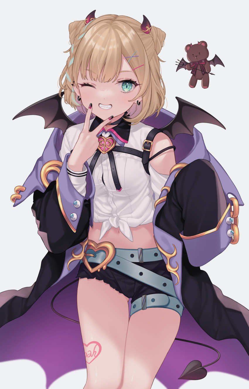 ;) absurdres aqua_belt aqua_hair asymmetrical_shorts belt black_belt black_choker black_coat black_horns black_jacket black_nails black_shorts black_tail black_wings blonde_hair bow braid breasts button_gap chest_belt choker clothing_cutout coat cone_hair_bun cutoffs demon_girl demon_horns demon_tail demon_wings double_bun ear_piercing earrings female gradient_horns gradient_nails green_eyes hair_bun hair_ornament hairbow hairclip highres horn_ornament horns jacket jewelry kurumi_noah kurumi_noah_(old) leg_tattoo looking_at_viewer medium_breasts mini_wings multicolored_hair multicolored_horns navel one_eye_closed piercing pink_bow pitchfork pomelunch purple_jacket red_horns red_nails shirt short_hair short_shorts shorts shoulder_cutout side_braid simple_background sleeves_past_fingers sleeves_past_wrists smile solo stomach streaked_hair stuffed_animal stuffed_toy tail tattoo teddy_bear thigh_belt thigh_strap thighs tied_shirt v v_over_mouth virtual_youtuber vspo! white_background white_shirt wing_collar wings