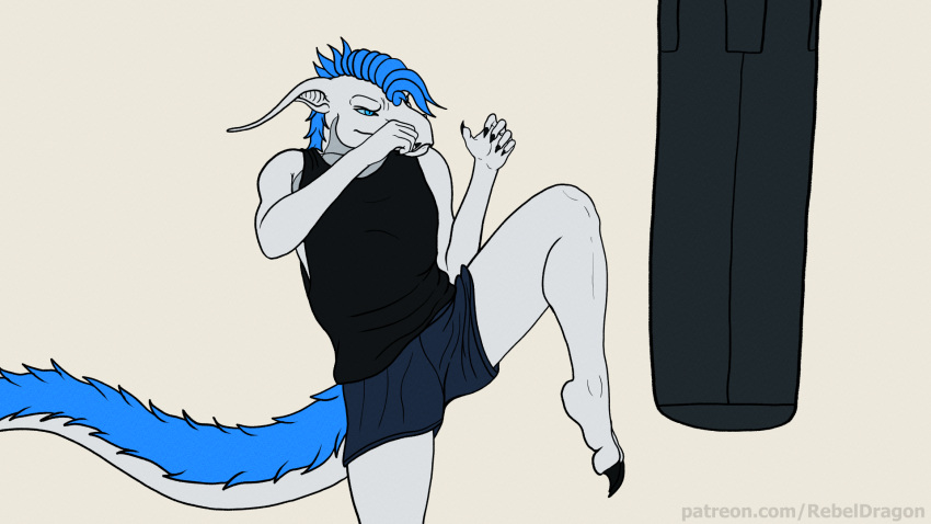 anthro bottomwear breasts christa_(rebeldragon101) claws clothed clothing dragon exercise feet female hair hi_res kick kickboxing long_ears mane mane_hair muscular muscular_anthro muscular_female mythological_creature mythological_scalie mythology no_bra one_leg_on_ground punching_bag rebeldragon101 scalie shirt shorts solo spread_legs spreading tail tank_top toe_claws toes topwear underwear workout workout_clothes workout_clothing workout_equipment workout_outfit