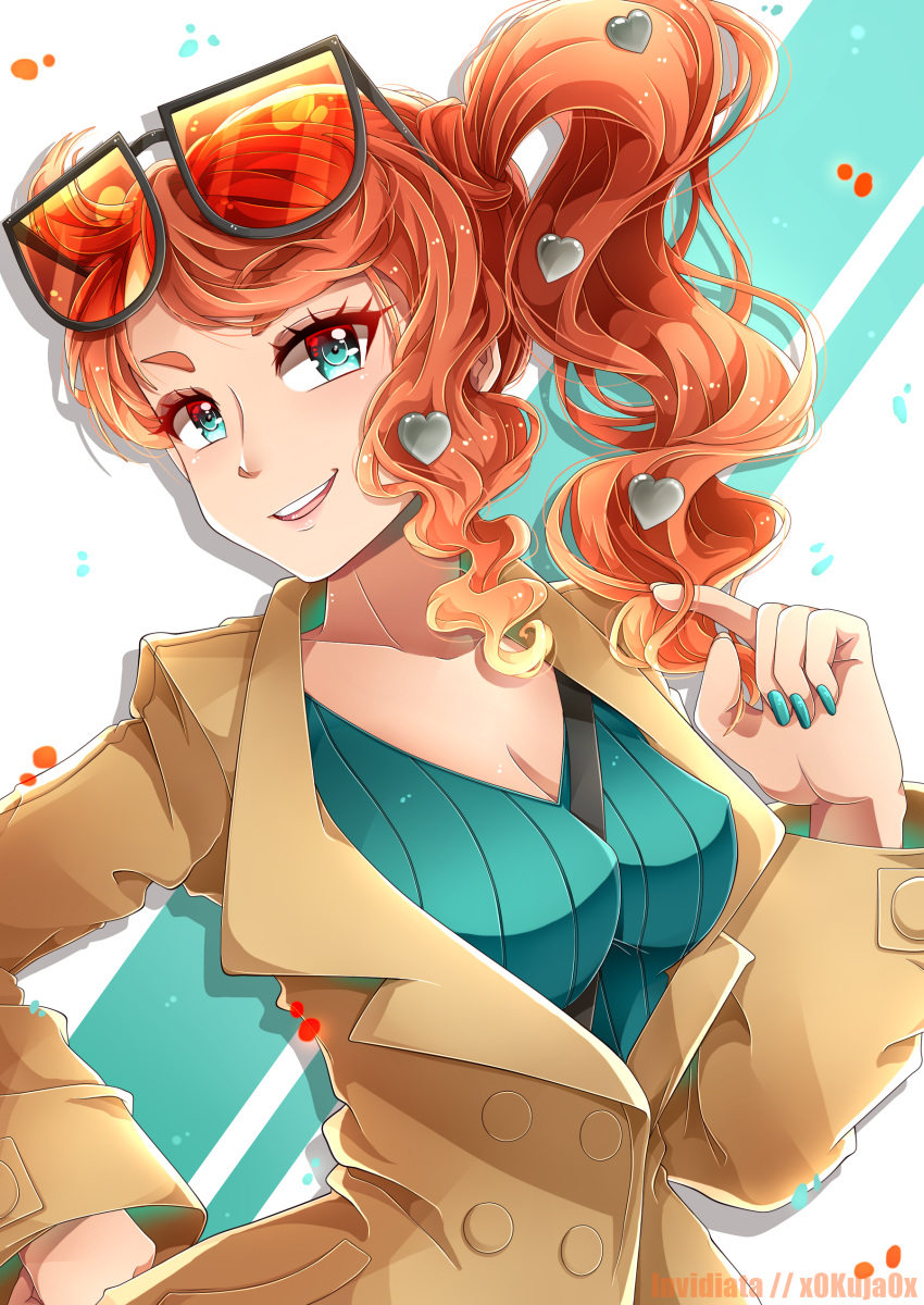 absurdres aqua_eyes aqua_nails aqua_shirt breasts brown_coat cleavage coat collarbone eyewear_on_head female hair_ornament hand_on_own_hip hand_up heart heart_hair_ornament highres invidiata long_hair medium_breasts orange-tinted_eyewear orange_hair pokemon pokemon_swsh ribbed_shirt shirt side_ponytail smile solo sonia_(pokemon) sunglasses tinted_eyewear twirling_hair upper_body v-neck