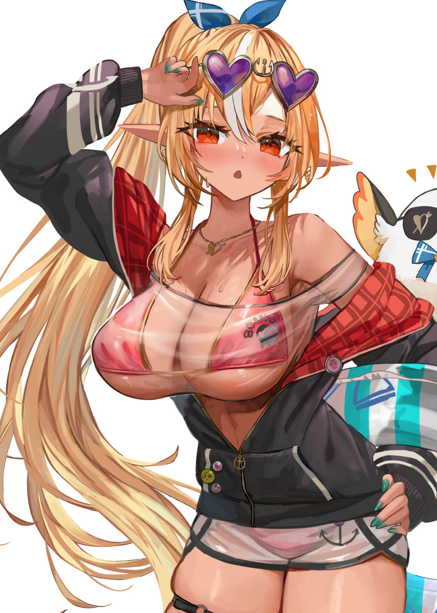 absurdres arm_up bare_shoulders bikini bikini_under_clothes black_jacket blonde_hair blue_bow blush bow breasts chestnut_mouth contrapposto cosplay cowboy_shot cropped_shirt dark-skinned_female dark_skin dolphin_shorts elfriend_(shiranui_flare) eyewear_on_head female green_nails hairbow halterneck hand_on_own_hip heart heart-shaped_eyewear high_ponytail highres holding holding_swim_ring hololive houshou_marine houshou_marine_(cosplay) houshou_marine_(summer) huge_breasts innertube jacket jewelry long_hair looking_at_viewer multicolored_hair nail_polish necklace o-ring o-ring_thigh_strap off_shoulder open_mouth partially_unzipped pointy_ears ponytail purple-tinted_eyewear red_bikini red_eyes red_jacket rum_raisin_(chihiromakita19) see-through see-through_shirt see-through_shorts shiranui_flare shirt short_shorts shorts sidelocks simple_background solo standing streaked_hair string_bikini sunglasses swim_ring swimsuit t-shirt thigh_strap tinted_eyewear two-sided_fabric two-sided_jacket very_long_hair virtual_youtuber white_background white_hair white_shirt white_shorts