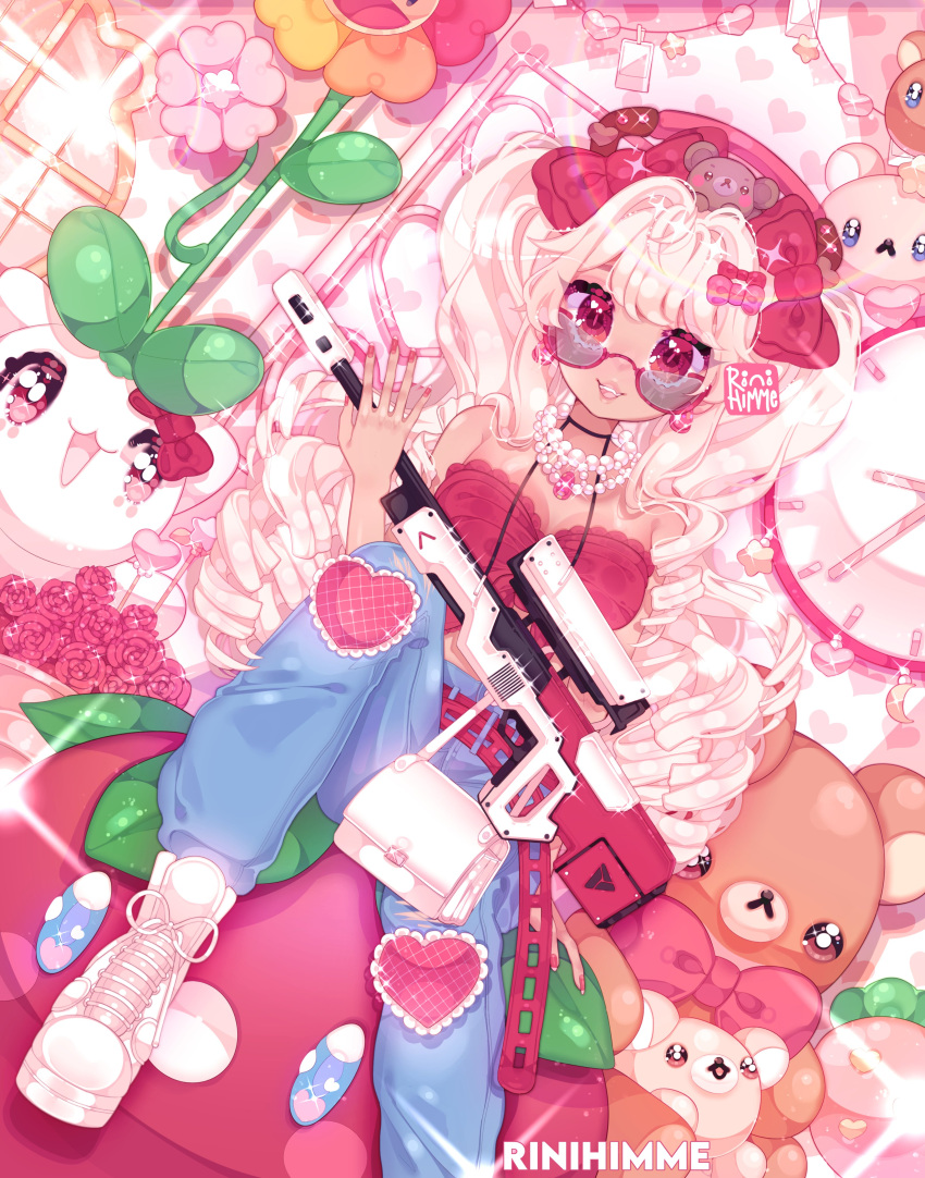 absurdres artist_name bag blonde_hair breasts commentary commission curly_hair dark-skinned_female dark_skin denim english_commentary female flower gun handbag heart highres holding holding_gun holding_weapon jeans jewelry korilakkuma lips looking_at_viewer lying necklace on_back original pants pearl_necklace red_eyes rilakkuma rinihimme san-x smile smile_on_rainbow_flower!! solo stuffed_animal stuffed_toy sunglasses teddy_bear weapon