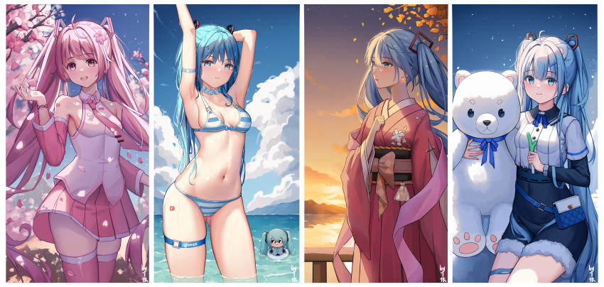 3: 71-fen_xiansheng_you absurdres ahoge animal_ears arm_strap arm_up armpits ass_visible_through_thighs autumn autumn_leaves bag bagged_fish bear_ears bikini blue_eyes blue_hair blue_ribbon blue_skirt blue_sky blush border bracelet branch breasts buttons character_doll cherry_blossoms choker cleavage closed_mouth cloud collarbone collared_shirt commentary_request covered_navel day detached_sleeves dress_shirt earrings fake_animal_ears falling_petals female fish floral_print flower food fur_trim goldfish hair_between_eyes hair_flower hair_ornament hairpin hand_on_own_chest hand_out_of_frame handbag hatsune_miku high-waist_skirt highres holding holding_food holding_spring_onion holding_stuffed_toy holding_vegetable innertube japanese_clothes jewelry kimono lace lace_choker leg_tattoo long_hair long_sleeves looking_ahead looking_at_viewer miniskirt mountainous_horizon navel neck_ribbon necktie night number_tattoo obi orange_sky outdoors outstretched_arm parted_lips petals pink_eyes pink_hair pink_kimono pink_necktie pink_skirt pink_sleeves pink_thighhighs pleated_skirt ribbon sakura_miku sash shirt short_sleeves signature sitting skindentation skirt sky sleeveless sleeveless_shirt small_breasts smile snow snowing solo spring_(season) spring_onion standing stomach striped_bikini striped_clothes stuffed_animal stuffed_toy summer sunglasses sunset swim_ring swimsuit tattoo teddy_bear teeth thigh_strap thighhighs tie_clip twintails upper_teeth_only vegetable very_long_hair vocaloid wading water wet white_border white_shirt white_sleeves wide_sleeves winter zettai_ryouiki