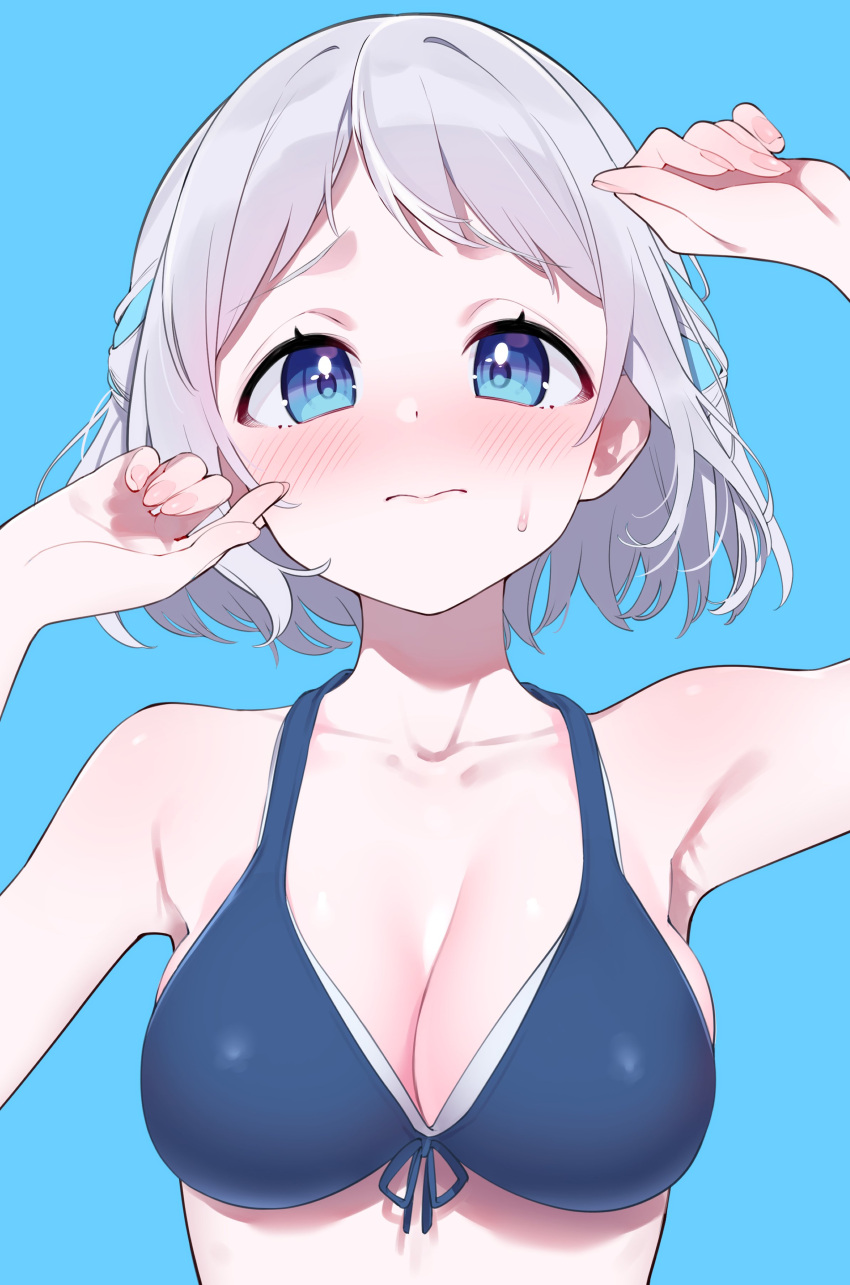 :3 absurdres armpits bikini blue_background blue_bikini blue_eyes blush breasts cleavage closed_mouth collarbone dot_nose female forehead front-tie_bikini_top front-tie_top gakuen_idolmaster grey_hair hands_up highres idolmaster katsuragi_lilja large_breasts looking_at_viewer nose_blush parted_bangs short_hair sidelocks simple_background solo straight-on sutora_binsuke sweat swimsuit upper_body