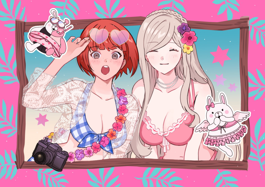 2girls :o absurdres bikini black_flower blonde_hair blush braid breasts camera cleavage danganronpa_(series) danganronpa_2:_goodbye_despair facing_viewer flower freckles hair_flower hair_ornament heart heart-shaped_eyewear heart_print highres innertube koizumi_mahiru large_breasts layered_skirt long_hair monomi_(danganronpa) multiple_girls navel okonomiyakiyyy1 pink_bikini pink_flower plaid_bikini plaid_clothes red_hair see-through short_hair skirt smile sonia_nevermind swim_ring swimsuit teeth upper_body upper_teeth_only usami_(danganronpa) yellow_flower