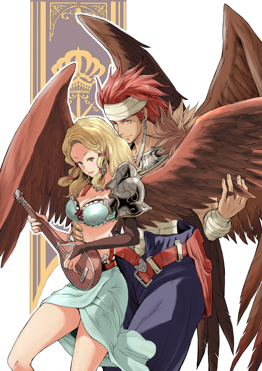 1boy arm_warmers armor belt blonde_hair breasts brother_and_sister brown_wings canopus_wolph cleavage earrings feathered_wings feathers female hand_on_another's_stomach headband highres holding holding_instrument instrument iuria_wolph jewelry kakko_(cuckoo) long_hair medium_breasts music playing_instrument red_hair siblings single_arm_warmer standing tactics_ogre white_headband wings yellow_eyes