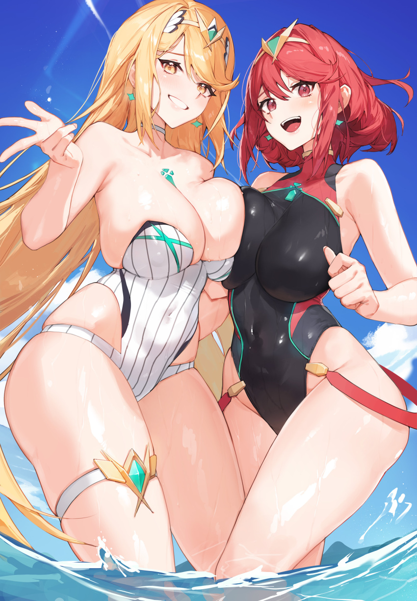 2girls absurdres bare_shoulders black_one-piece_swimsuit blonde_hair blue_sky blush breast_press breasts chest_jewel cloud core_crystal_(xenoblade) covered_navel day drop_earrings earrings gem grin headpiece highres jewelry large_breasts long_hair looking_at_viewer multiple_girls mythra_(xenoblade) one-piece_swimsuit open_mouth outdoors partially_submerged pyra_(xenoblade) red_eyes red_hair ribbed_swimsuit short_hair sky smile standing strapless strapless_one-piece_swimsuit striped_clothes striped_one-piece_swimsuit swept_bangs swimsuit symmetrical_docking teeth thigh_strap tiara tunamayo_(dsasd751) vertical-striped_clothes vertical-striped_one-piece_swimsuit wading water wet xenoblade_chronicles_(series) xenoblade_chronicles_2 yellow_eyes