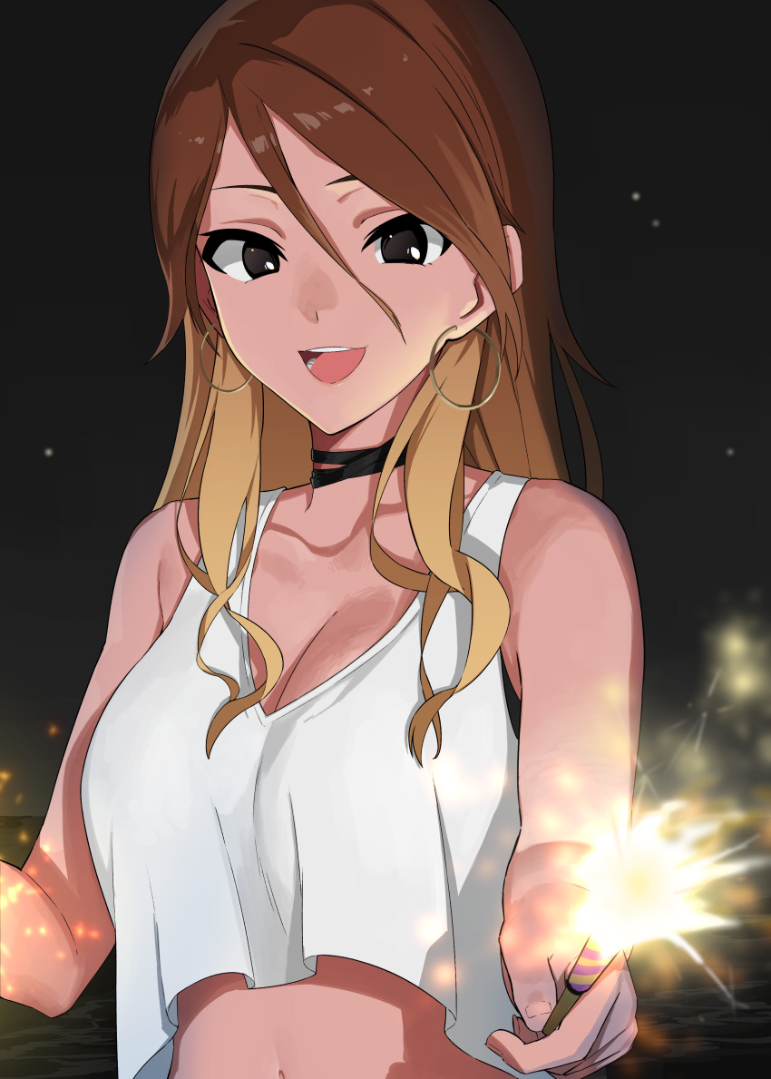 absurdres blonde_hair breasts brown_hair cleavage collarbone commentary_request cropped_shirt earrings female fireworks garuku1120 hair_between_eyes highres holding holding_fireworks hoop_earrings idolmaster idolmaster_shiny_colors izumi_mei jewelry long_hair looking_at_viewer medium_breasts multicolored_hair navel night outdoors shirt sleeveless sleeveless_shirt solo sparkler two-tone_hair upper_body