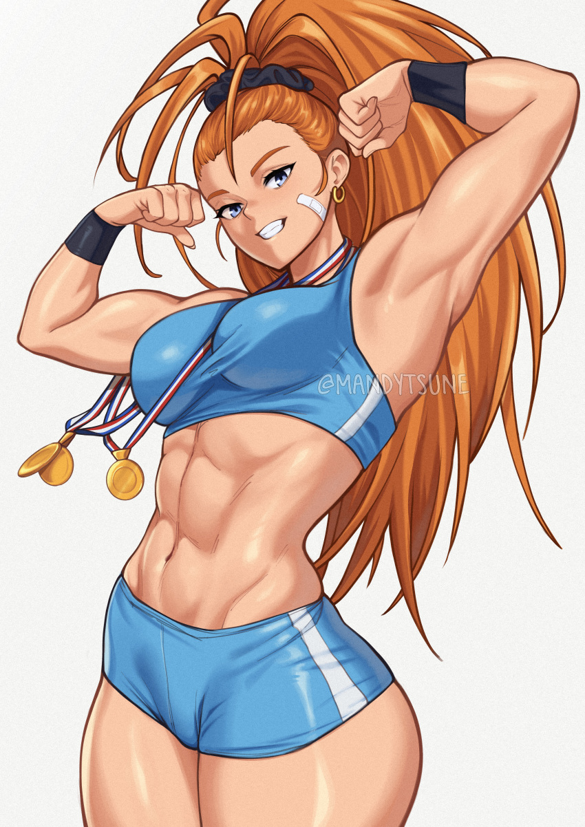 abs absurdres artist_name bandaid bandaid_on_cheek bandaid_on_face black_scrunchie blue_eyes blue_shorts blue_sports_bra breasts captain_mizuki commentary earrings english_commentary female flexing grin hair_ornament hair_scrunchie highres jewelry long_hair looking_at_viewer mandytsune medal medium_breasts one-punch_man orange_hair photo-referenced scrunchie short_shorts shorts simple_background smile solo sports_bra thick_thighs thighs twitter_username very_long_hair watermark