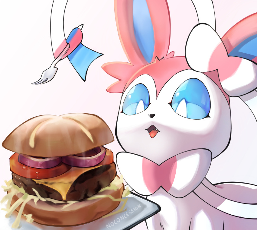 absurd_res ambiguous_gender bread burger cutlery eating eeveelution fast_food feral food fork fruit generation_6_pokemon hi_res kitchen_utensils meal meat nintendo noconcession onion plant plate pokemon pokemon_(species) ribbons salad solo surprised_expression sylveon tomato tools vegetable