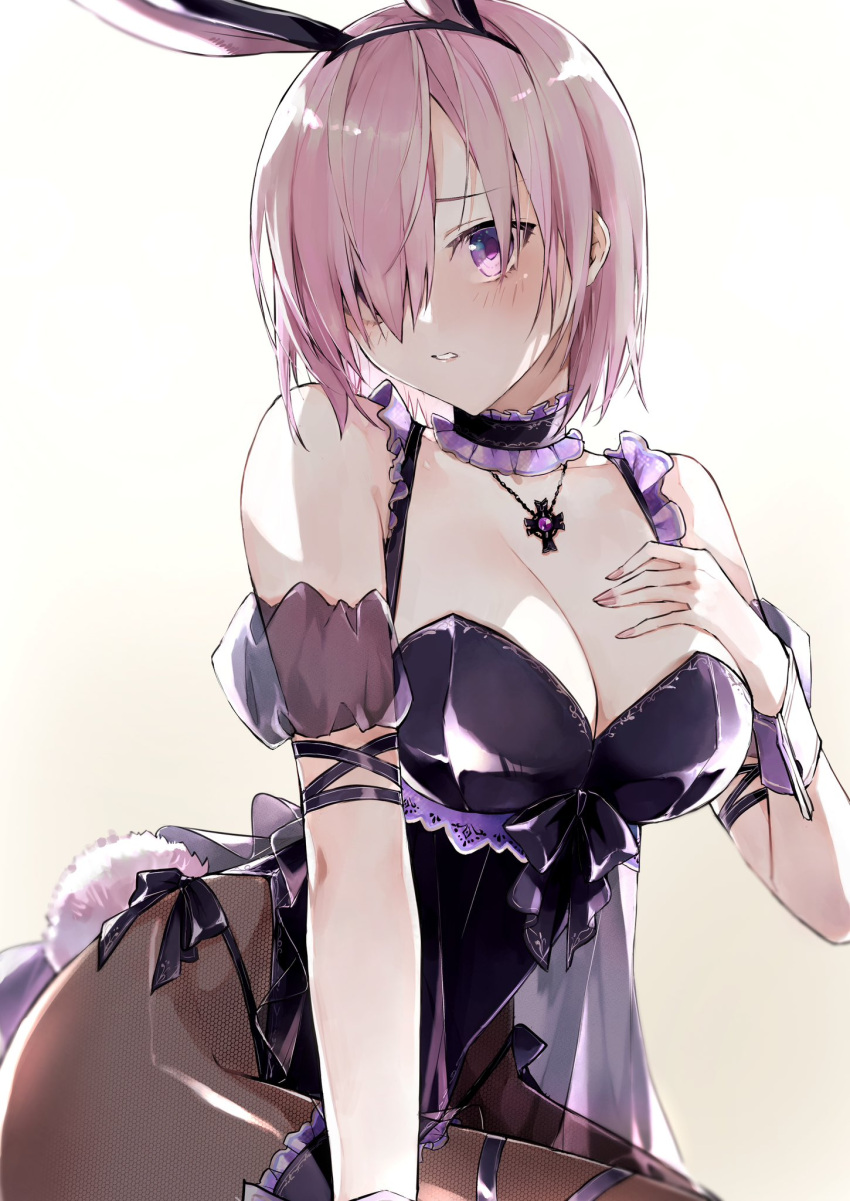 animal_ears bare_shoulders black_leotard breasts brown_pantyhose cleavage closed_mouth collarbone detached_collar fake_animal_ears fate/grand_order fate_(series) female hair_over_one_eye highleg highleg_leotard highres jewelry kino_kokko large_breasts leotard looking_at_viewer mash_kyrielight necklace pantyhose pink_hair playboy_bunny purple_eyes rabbit_ears rabbit_tail short_hair solo tail white_background wrist_cuffs