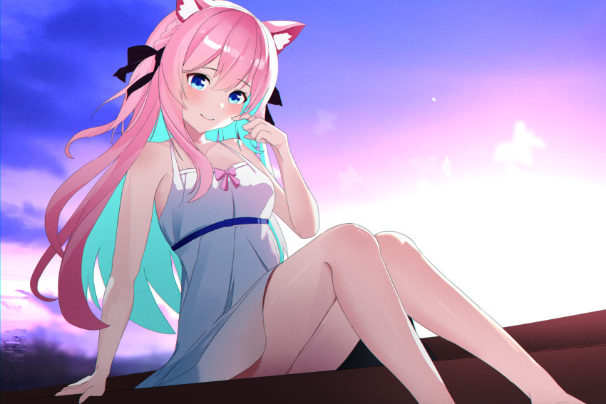 alternate_costume animal_ear_fluff animal_ears aqua_hair arm_support backlighting bare_arms bare_shoulders black_bow black_ribbon blue_eyes blue_sky blush bow braid cat_ears cat_girl closed_mouth colored_inner_hair commentary dress dress_bow feet_out_of_frame female fraise_(nekopara) hair_between_eyes hair_ribbon hairbow halterneck hand_up highres knees_together_feet_apart knees_up legs long_hair looking_at_viewer multicolored_hair nekopara no_tail outdoors pink_bow pink_hair pink_sky rebecca59118221 ribbon short_dress side_braid sidelocks simple_background sitting sky sleeveless sleeveless_dress smile solo spaghetti_strap sundress tsurime two_side_up very_long_hair white_dress