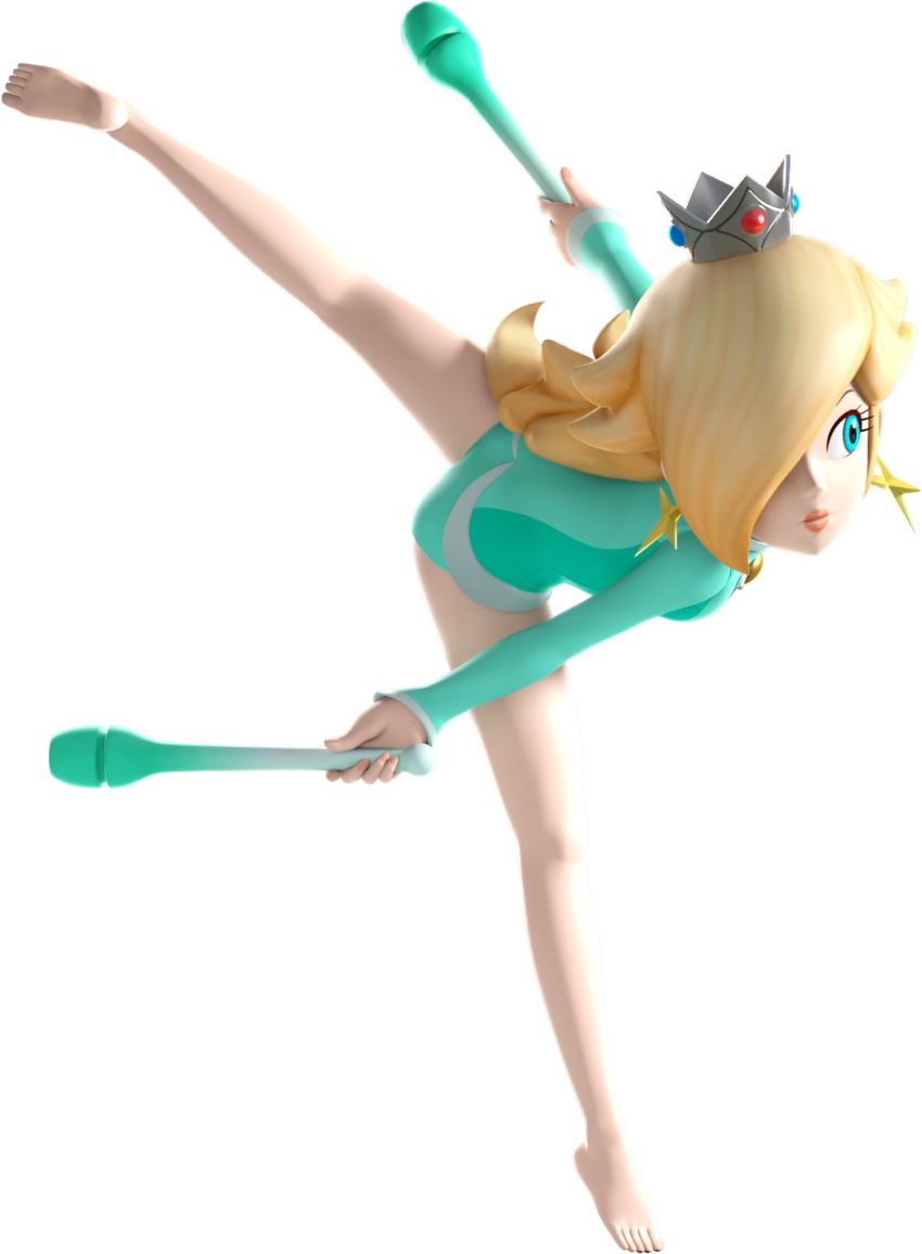 3d arms_up barefoot bent_over blonde_hair blue_eyes blue_gemstone blue_leotard breasts brooch closed_mouth crown dancing earrings expressionless feet female full_body gem grey_crown hair_flaps hair_over_one_eye highres holding_juggling_club jewelry juggling_club kneepits leaning_forward leg_up legs leotard long_hair long_sleeves looking_to_the_side mario_&_sonic_(series) mario_&_sonic_at_the_rio_2016_olympic_games mario_(series) mini_crown official_art one_eye_covered outstretched_arms red_gemstone rosalina rosalina_(gymnastics) simple_background sleeved_leotard small_breasts solo split spread_legs standing standing_on_one_leg standing_split star_(symbol) star_earrings thighs third-party_source tiptoes white_background