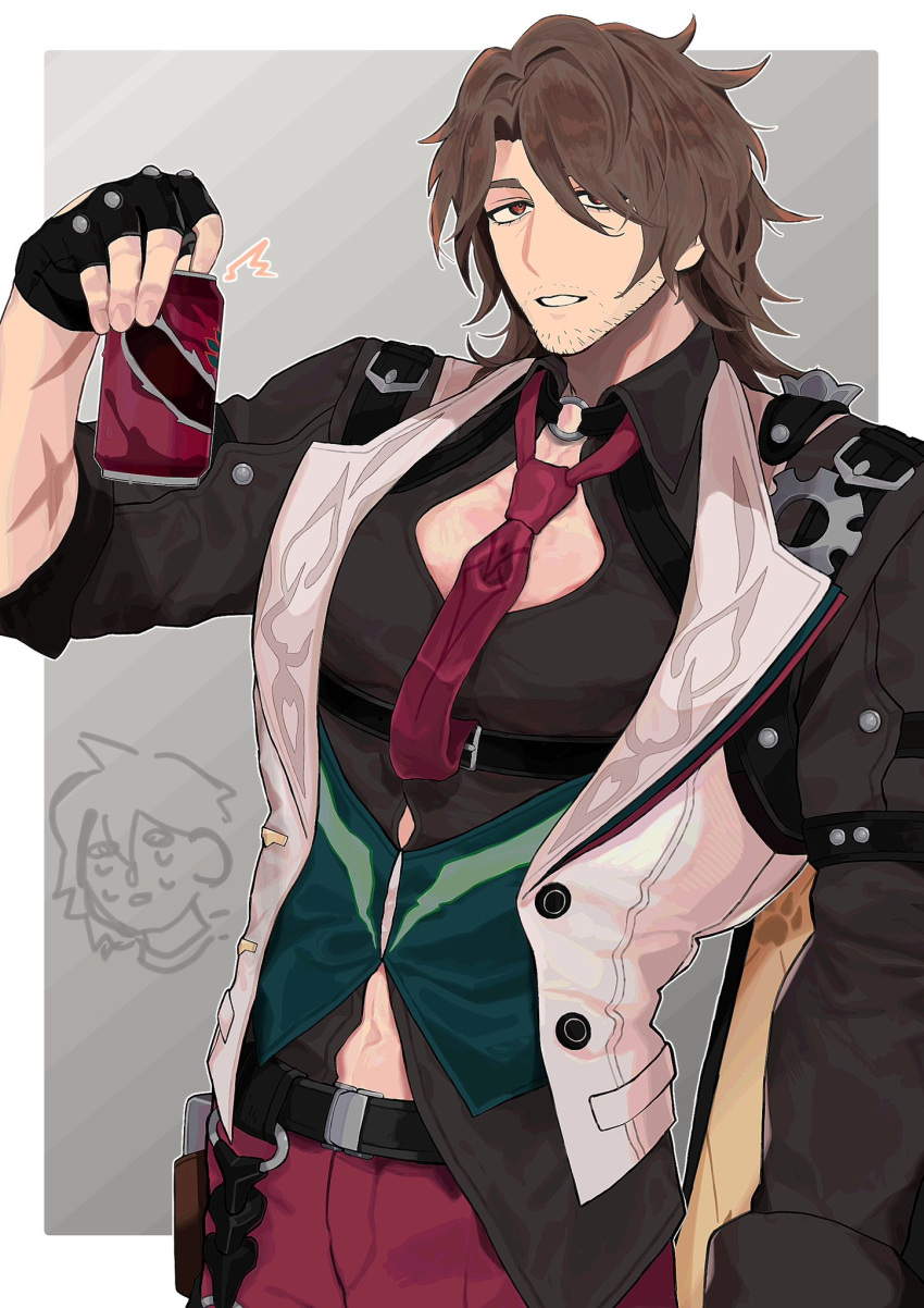 1boy bara brown_hair bursting_pectorals can cowboy_shot doodle_inset facial_hair gallagher_(honkai:_star_rail) highres holding holding_can honkai:_star_rail honkai_(series) looking_at_viewer male_focus medium_hair midriff_peek muscular muscular_male necktie pectorals pompeco_0223 red_necktie short_necktie solo_focus sparse_stubble stubble thick_eyebrows