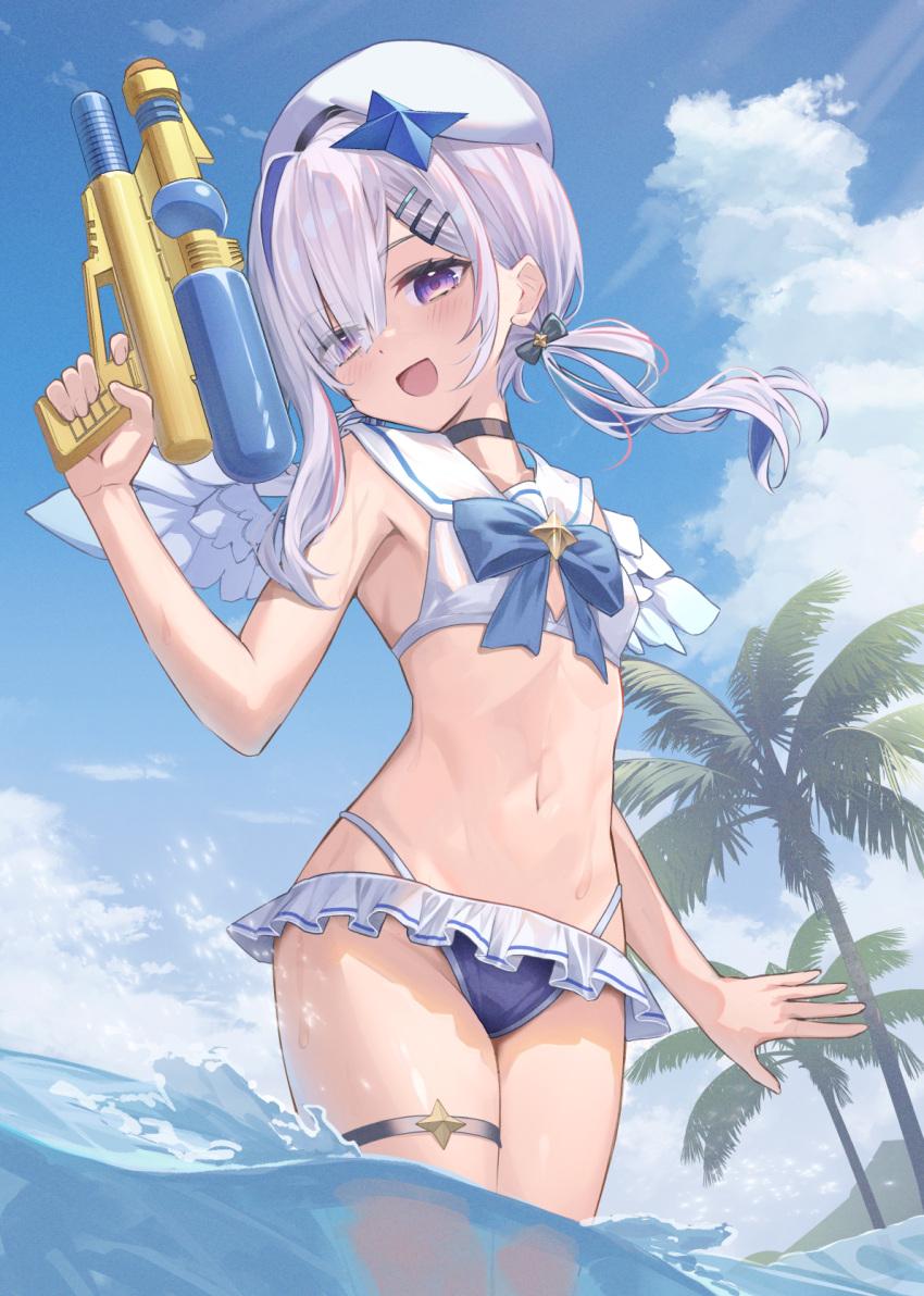 :d amane_kanata angel_wings beret bikini bikini_skirt blue_bow blue_bowtie blue_hair blue_sky blush bow bowtie cloud colored_inner_hair commentary_request cowboy_shot eyes_visible_through_hair female flat_chest grey_hair hair_ornament hair_over_one_eye hairclip hand_up hat highleg highleg_bikini highres holding holding_water_gun hololive hopepe long_hair looking_at_viewer multicolored_hair navel open_mouth outdoors palm_tree pink_hair purple_eyes sailor_collar single_hair_intake sky smile solo stomach streaked_hair swimsuit thigh_strap tree virtual_youtuber wading water water_gun white_beret white_sailor_collar white_wings wings