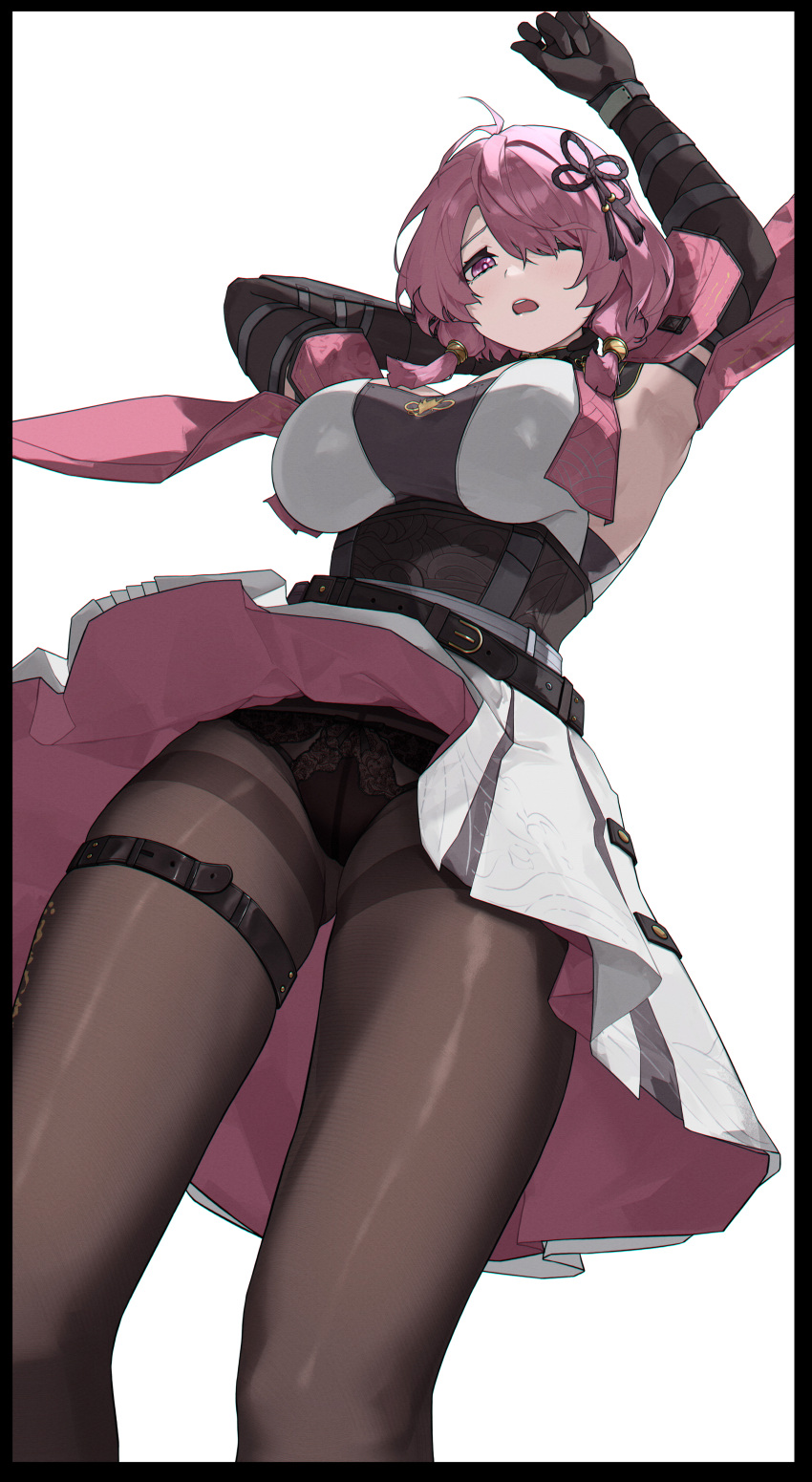 absurdres antenna_hair arm_up armpits ass_visible_through_thighs belt black_belt black_border black_gloves black_panties black_pantyhose border breasts chromatic_aberration dress elbow_gloves female from_below gloves hair_ornament hair_over_one_eye highres large_breasts low_twintails medium_hair one_eye_closed open_mouth panties panties_under_pantyhose pantyhose pink_dress pink_eyes pink_hair simple_background solo taoqi_(wuthering_waves) tassel tassel_hair_ornament teeth thigh_belt thigh_strap thighband_pantyhose twintails two-sided_dress two-sided_fabric two-tone_dress underbust underwear upper_teeth_only white_background white_dress wuhumihu wuthering_waves