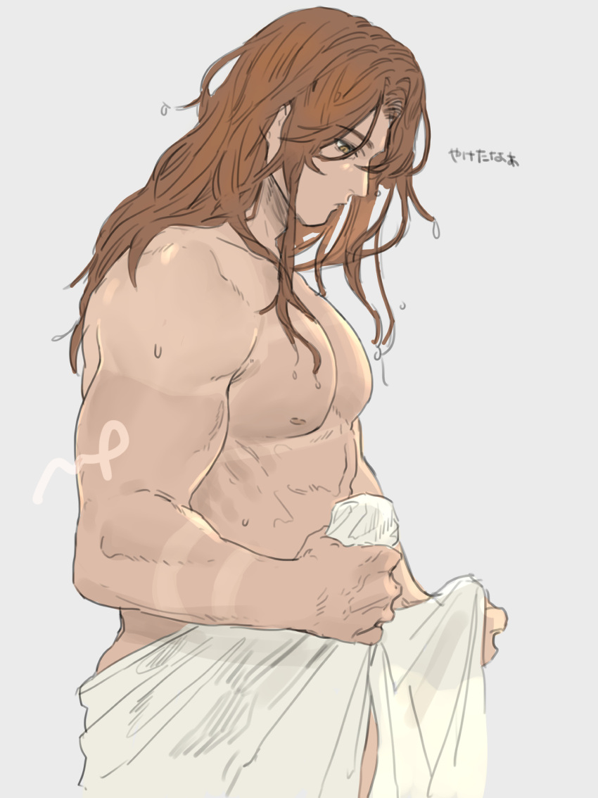 1boy abs bare_shoulders biceps brown_eyes brown_hair clenched_hands closed_mouth commentary cowboy_shot granblue_fantasy highres holding holding_towel long_hair looking_down male_focus momimomi open_towel pectorals percival_(granblue_fantasy) profile simple_background solo topless_male towel veins veiny_hands wet wet_hair white_background