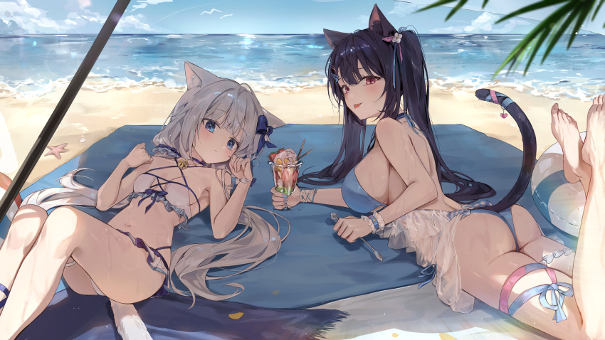 2girls animal_ears ass bare_arms bare_shoulders barefoot beach beach_mat bell bikini black_hair blue_bikini blue_choker blue_eyes blue_nails breasts cat_ears cat_fantasy cat_girl cat_tail character_request check_character chocola_(nekopara) choker criss-cross_halter day ekina_(1217) from_behind halterneck hands_up highres jingle_bell knees_up large_breasts legs_up long_hair looking_at_viewer looking_back low_twintails lying multiple_girls nail_polish navel nekopara ocean on_back on_stomach outdoors parfait red_eyes see-through sideboob small_breasts smile stomach string_bikini swimsuit tail tail_raised the_pose thigh_strap thighs tongue tongue_out twintails vanilla_(nekopara) very_long_hair water white_bikini white_hair wrist_cuffs