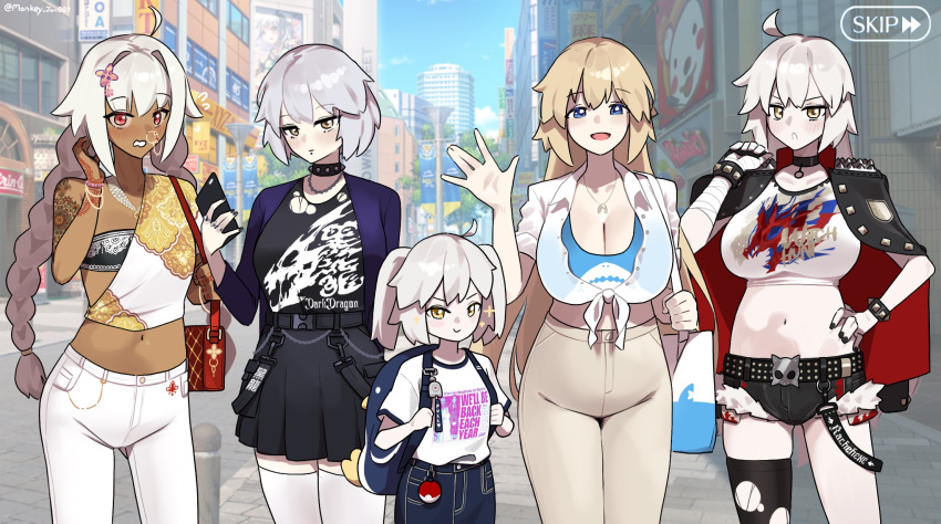 5girls ahoge backpack bag belt black_jacket black_shirt black_shorts black_skirt black_thighhighs blonde_hair blue_eyes blue_jacket blue_sports_bra blush bracelet braid breasts cellphone choker cleavage contemporary cutoffs dark-skinned_female dark_skin denim denim_shorts dragon_print fate/apocrypha fate/grand_order fate/samurai_remnant fate_(series) grey_hair highres jacket jacket_on_shoulders jeanne_d'arc_(fate) jeanne_d'arc_(ruler)_(fate) jeanne_d'arc_alter_(avenger)_(fate) jeanne_d'arc_alter_(fate) jeanne_d'arc_alter_(lancer)_(fate) jeanne_d'arc_alter_santa_lily_(fate) jewelry lakshmibai_(fate) large_breasts long_hair long_sleeves looking_at_viewer medium_breasts midriff monkey_jon multiple_girls navel necklace nose_piercing open_mouth pants phone piercing poke_ball poke_ball_(basic) red_eyes shirt short_hair short_shorts short_sleeves shorts shoulder_tattoo sidelocks single_bare_shoulder skirt small_breasts smile sparkle sports_bra strapless tattoo thighhighs thighs tight_clothes tight_pants tube_top twin_braids twintails white_hair white_pants white_shirt white_thighhighs yellow_eyes