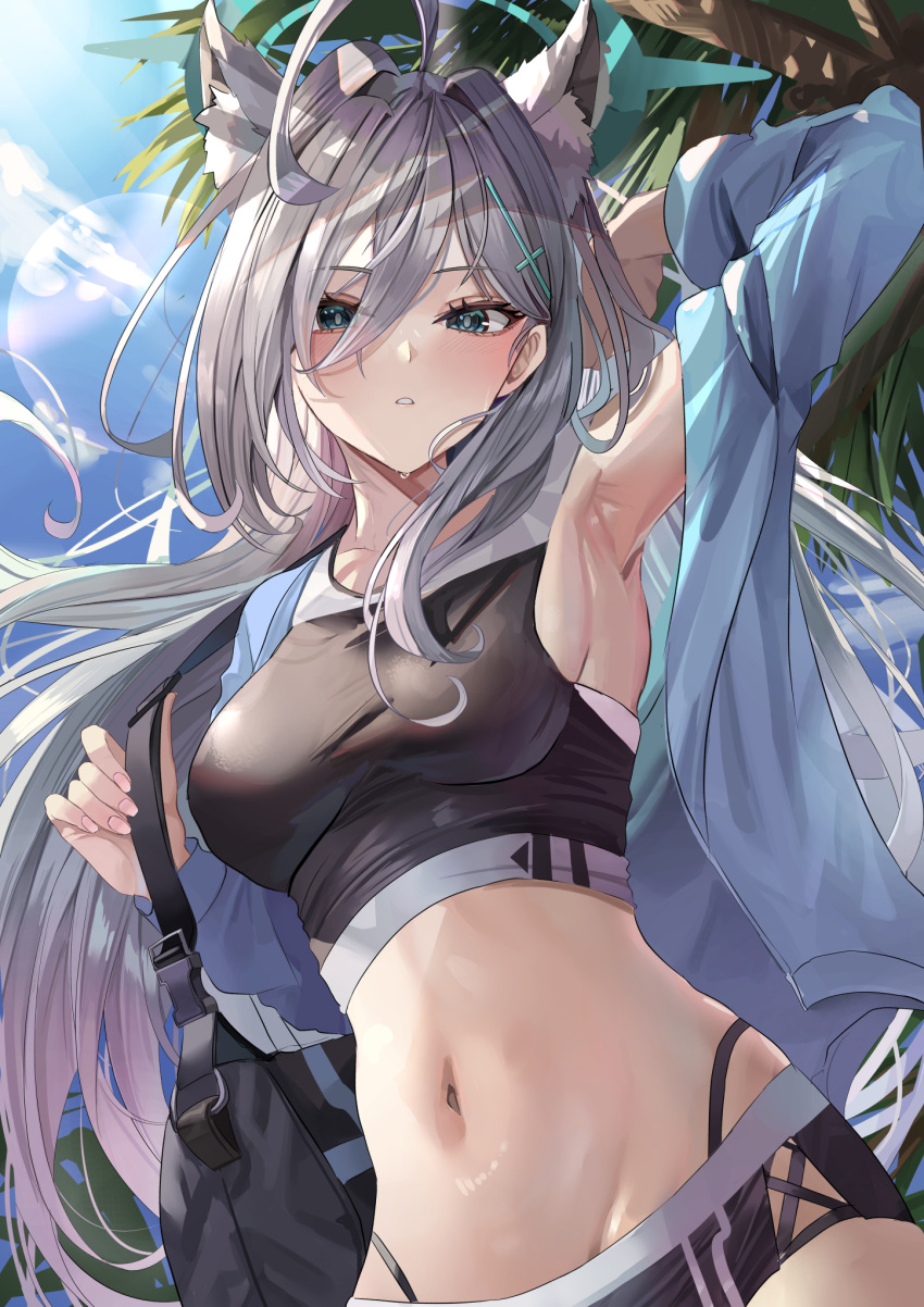 alternate_costume animal_ear_fluff animal_ears arm_behind_back arm_up armpits bag blue_archive cross extra_ears grey_hair grey_halo halo highleg highleg_panties highres inverted_cross jacket long_hair looking_at_viewer mismatched_pupils navel open_clothes open_jacket panties shiroko_(blue_archive) shiroko_terror_(blue_archive) short_shorts shorts shoulder_bag sports_bra sportswear suidou_chaahan underwear wolf_ears wolf_girl