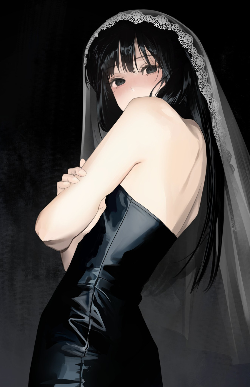 bare_back bare_shoulders black_background black_dress black_eyes black_hair bridal_veil cowboy_shot dress female highres holding_own_arm lace long_hair looking_at_viewer o0hiruko0o osaragi_(sakamoto_days) sakamoto_days solo standing strapless strapless_dress veil