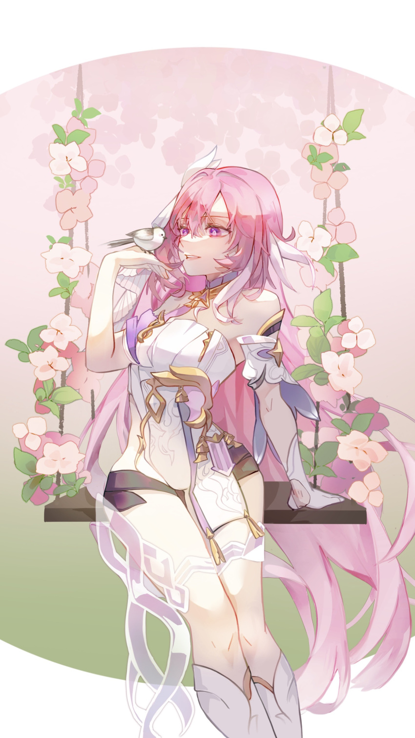 absurdres animal bare_legs bare_shoulders bird black_shorts breasts bridal_legwear bridal_veil chinese_commentary clothing_cutout commentary_request corset detached_sleeves elysia_(herrscher_of_human:_ego)_(honkai_impact) elysia_(honkai_impact) female flower gloves hair_between_eyes highres holding holding_animal holding_bird honkai_(series) honkai_impact_3rd hyx20040119 large_breasts long_hair pink_background pink_hair purple_eyes short_shorts short_sleeves shorts side_cutout swing_set thighs veil very_long_hair white_corset white_footwear white_gloves white_veil