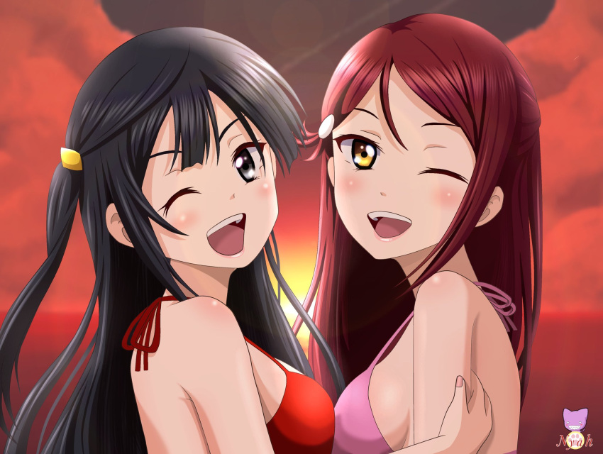 2girls aida_rikako bikini birthday birthday_connection black_hair blush breasts grey_eyes hair_ornament hairclip highres long_hair looking_at_viewer love_live! love_live!_nijigasaki_high_school_idol_club love_live!_sunshine!! medium_breasts multiple_girls nyahoekaki1 pink_bikini red_bikini red_hair sakurauchi_riko sunset swimsuit upper_body voice_actor_connection yellow_eyes yuki_setsuna_(love_live!)