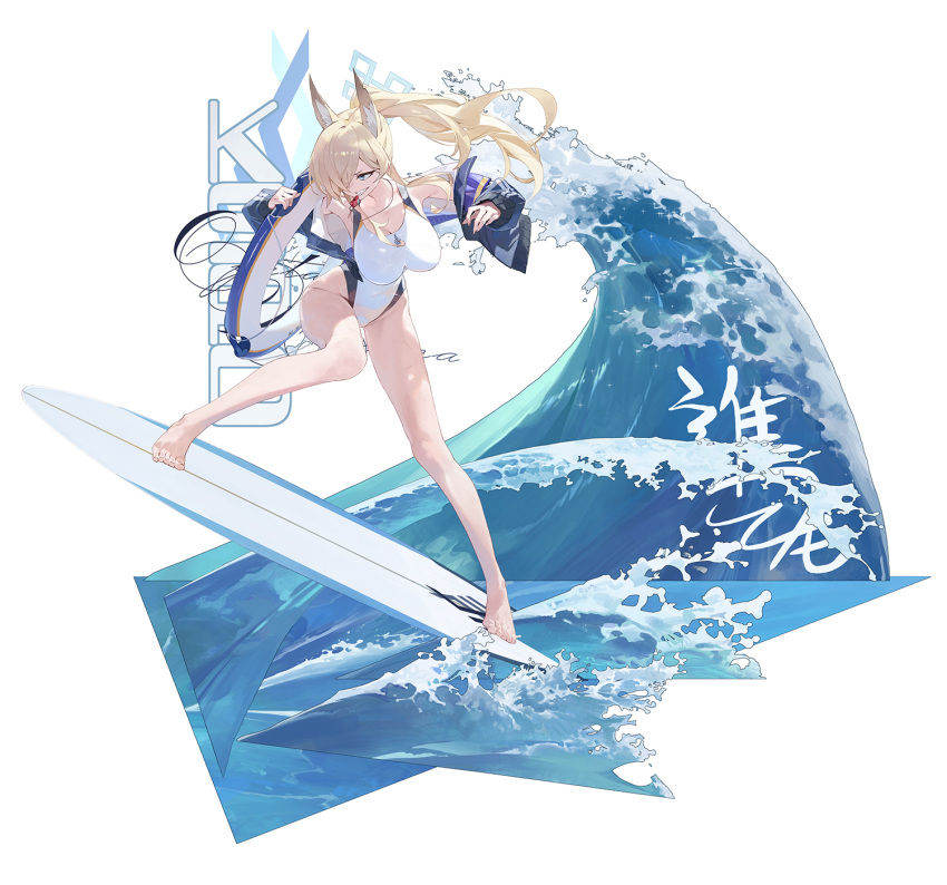 animal_ear_fluff animal_ears bare_legs bare_shoulders barefoot blonde_hair blue_archive blue_eyes blue_halo blush breasts competition_swimsuit dog_ears extra_ears female hair_over_one_eye halo highleg highleg_one-piece_swimsuit highres holding holding_whistle kanna_(blue_archive) kanna_(swimsuit)_(blue_archive) large_breasts lifebuoy long_hair modare notched_ear official_alternate_costume one-piece_swimsuit ponytail red_whistle solo surfboard surfing swim_ring swimsuit teeth waves whistle whistle_around_neck white_one-piece_swimsuit