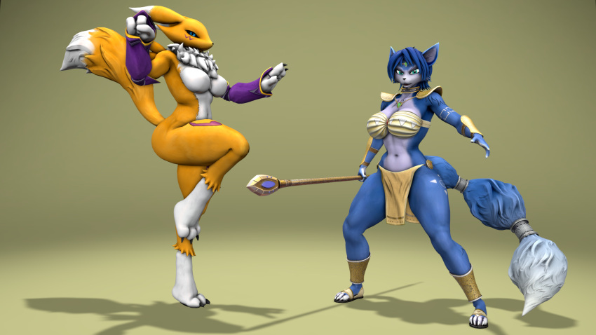 3d_(artwork) accessory angry anthro armor bandai_namco bandeau black_sclera blue_body blue_eyes blue_fur bottomwear bra breasts canid canine chest_fur choker circlet clothing digimon digimon_(species) digital_media_(artwork) duo female fighting_pose footwear fox fur furgonomics gloves handwear hi_res jewelry krystal_(star_fox) loincloth looking_at_viewer mammal markings melee_weapon multicolored_body multicolored_fur narrowed_eyes necklace nintendo pose purple_clothing purple_gloves purple_handwear purple_markings renamon sandals shoes shoulder_guards simple_background source_filmmaker_(artwork) staff star_fox tail tail_accessory tailband tattoo thevestige topwear tribal tribal_clothing tribal_jewelry tribal_tattoo underwear vambrace warfare_krystal warfare_machine warfare_renamon weapon white_body white_fur yellow_body yellow_fur