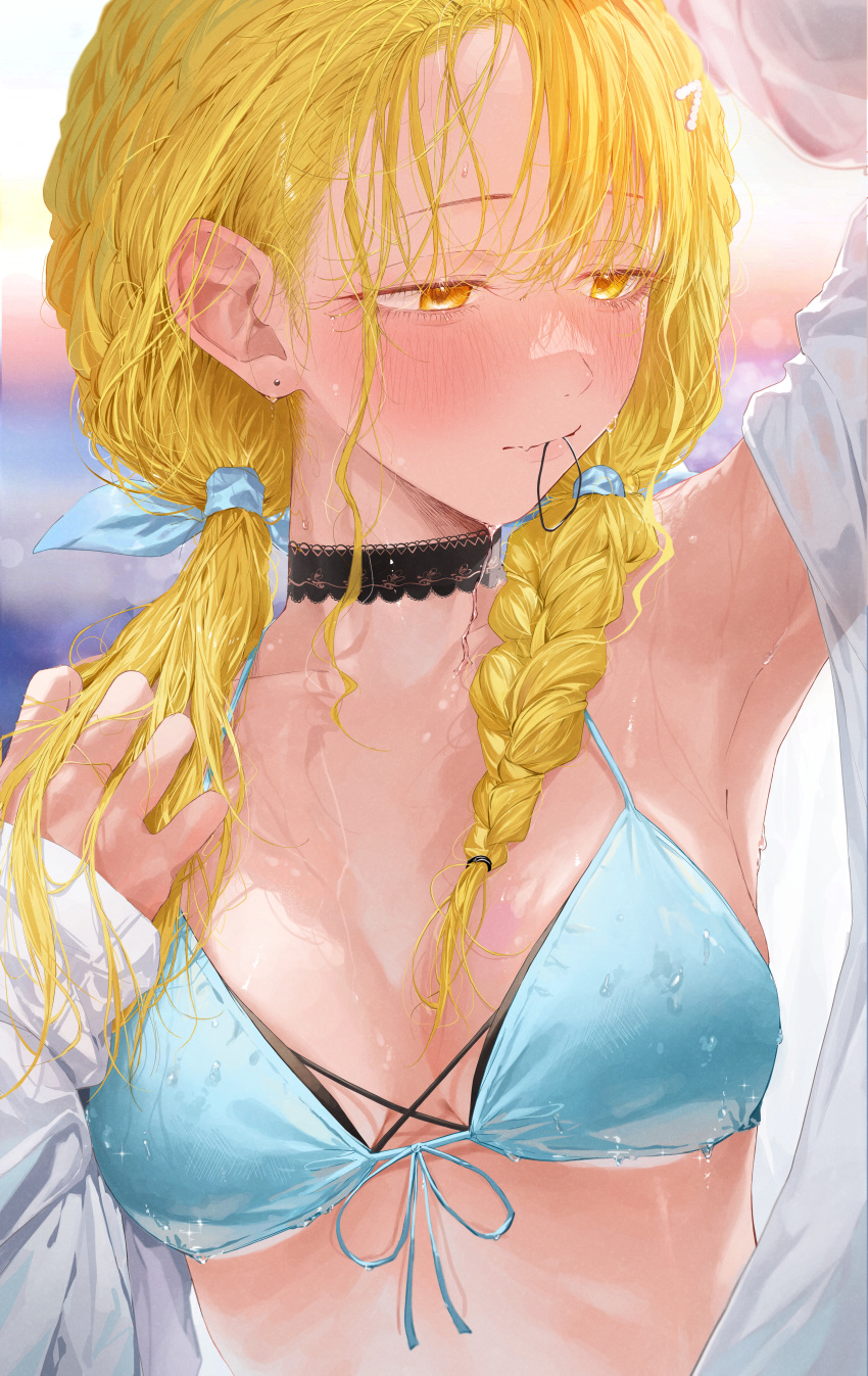 absurdres aqua_bikini arm_up armpits averting_eyes bikini black_choker blonde_hair blurry blurry_background blush braid breasts choker commentary_request ear_focus earrings female front-tie_bikini_top front-tie_top fujita_kotone gakuen_idolmaster hair_tie_in_mouth halterneck highres idolmaster jewelry lace-trimmed_choker lace_trim mouth_hold shirt small_breasts solo string_bikini stud_earrings swimsuit tarutaru_(ryousuke) upper_body wet wet_clothes wet_shirt white_shirt yellow_eyes