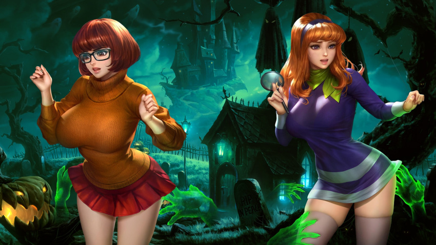 1920x1080 2girls alarmed big_ass big_hips crooked_trees daphne_blake frightened ghost ghost_hands ghosts graveyard green_scarf haunted_house jack-o'-lantern large_breasts looking_down magnifying_glass molestation neoartcore nudtawut_thongmai open_mouth orange_hair pumpkin purple_eyes purple_hairband red_hair scary scooby-doo short_dress short_skirt small_waist spectacles thick_thighs thighhighs third-party_edit tight_clothing tombstone turtleneck_sweater uncensored velma_dinkley visible_bra_outline