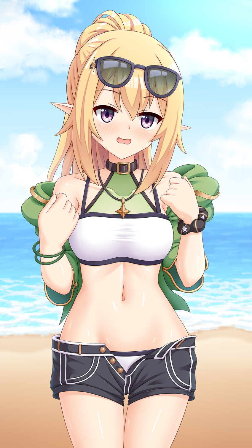 beach bikini bikini_under_clothes black_scrunchie black_shorts blonde_hair bracelet breasts chloe_(princess_connect!) chloe_(winter)_(princess_connect!) cloud cowboy_shot elf eyewear_on_head female green_bracelet highres horizon jewelry layered_bikini medium_breasts navel necklace ocean open_clothes open_shorts pointy_ears ponytail princess_connect! purple_eyes scrunchie short_shorts shorts solo star_(symbol) star_necklace sunglasses swimsuit tamba_i white_bikini wrist_scrunchie