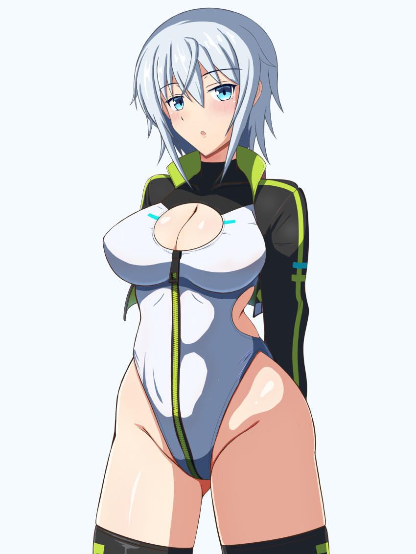 absurdres alice_gear_aegis architect_(frame_arms_girl) arm_behind_back black_jacket black_thighhighs blue_eyes breasts circle_cutout cleavage_cutout clothing_cutout companion/af covered_collarbone cowboy_shot female frame_arms_girl front_zipper full-length_zipper grey_hair highleg highleg_leotard highres jacket large_breasts leotard looking_at_viewer race_queen seppatsumaru short_hair simple_background sleeveless_turtleneck_leotard solo thighhighs turtleneck turtleneck_leotard two-tone_leotard white_background white_leotard zipper zipper_leotard zipper_pull_tab