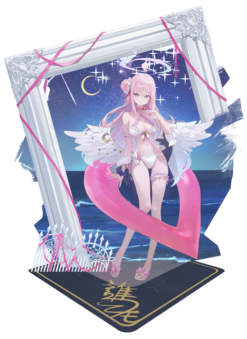 angel_wings bare_legs bare_shoulders beach bikini blue_archive blush breasts feathered_wings female flower full_body hair_bun hair_flower hair_ornament halo highres long_hair looking_at_viewer low_wings mika_(blue_archive) modare navel night night_sky pink_hair pink_ribbon ribbon scrunchie single_side_bun sky smile solo star_(sky) starry_sky swimsuit water white_wings wings yellow_eyes