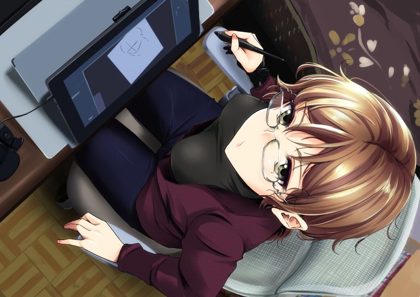 artist_self-insert breasts brown_hair chair drawing_(action) drawing_tablet female from_above glasses green_eyes highres holding holding_stylus indoors jacket looking_at_viewer looking_up masami-san_(regdic) medium_breasts mole mole_under_eye on_chair open_clothes open_jacket original pants pink_jacket regdic self-portrait sitting solo stylus tablet_pc