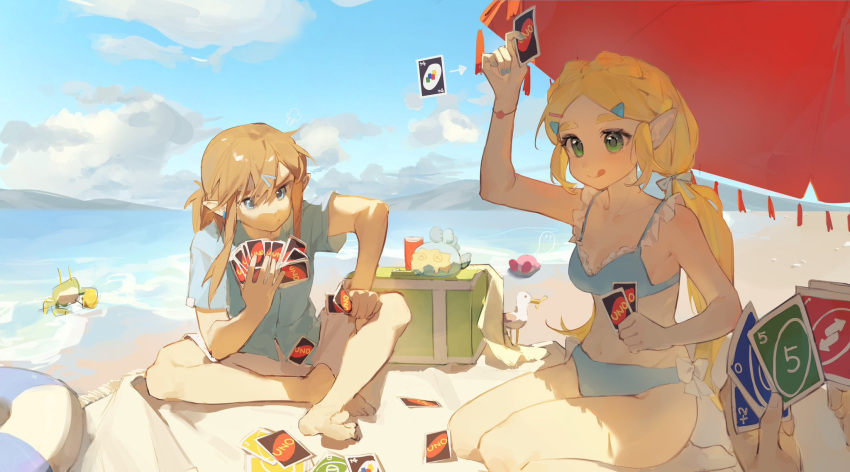 1boy 1other :q arm_up barefoot beach beach_umbrella bikini bird blonde_hair blue_bikini blue_eyes blue_shirt blue_sky bow bow_bikini braid cameo card crab crown_braid female frilled_bikini frills green_eyes hair_ornament hairbow hairclip hashtag-only_commentary highres indian_style innertube kirby kirby_(series) link long_hair looking_at_another mountainous_horizon ocean out_of_frame playing_card pointy_ears ponytail princess_zelda red_umbrella seiza shirt short_hair short_ponytail shorts sitting sky swim_ring swimsuit the_legend_of_zelda the_legend_of_zelda:_tears_of_the_kingdom thick_eyebrows tongue tongue_out umbrella uno_(game) uno_reverse_card white_shorts yumiyumo3o