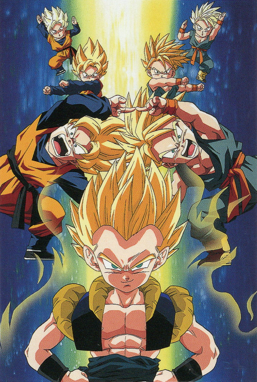 1990s_(style) 3boys aqua_eyes aura blonde_hair bracer dougi dragon_ball dragon_ball_z fusion_dance gotenks hands_on_own_hips highres lolicon long_sleeves looking_at_viewer male_focus metamoran_vest multiple_boys multiple_views muscular muscular_child official_art open_mouth retro_artstyle scan short_hair smirk son_goten spiked_hair super_saiyan super_saiyan_1 teeth third-party_source tongue trunks_(dragon_ball) wide-eyed widow's_peak yamamuro_tadayoshi