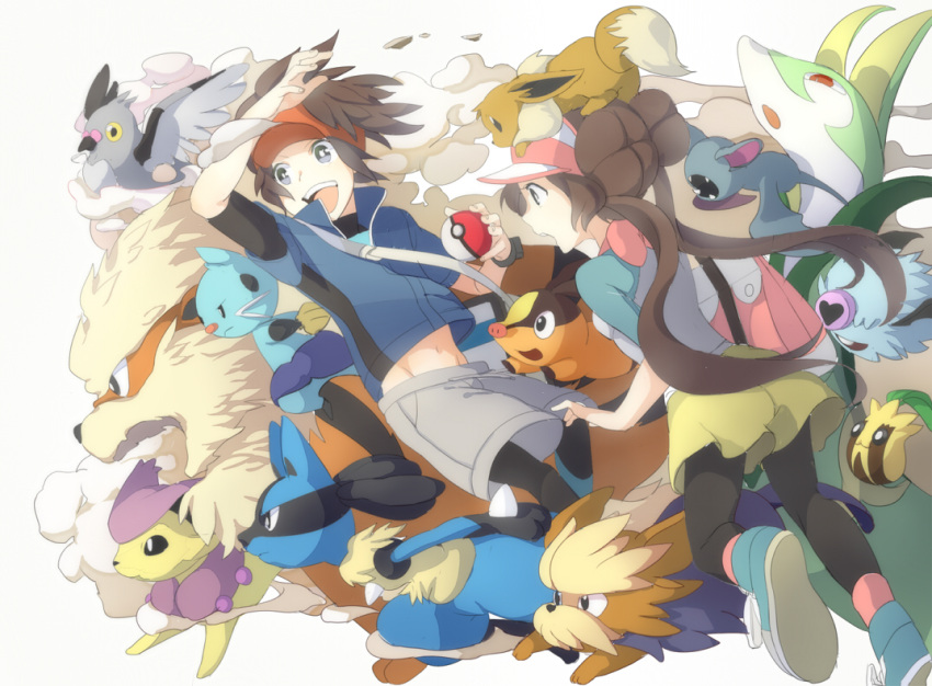 1boy arcanine bag black_leggings black_pantyhose brown_hair commentary_request danchi_(pomechize) delcatty dewott double_bun duplicate eevee female hair_bun herdier holding holding_poke_ball jacket leggings long_hair lucario nate_(pokemon) open_mouth pantyhose pidove poke_ball poke_ball_(basic) pokemon pokemon_(creature) pokemon_bw2 raglan_sleeves ribbon rosa_(pokemon) serperior shoes shoulder_bag sneakers sunkern tepig twintails visor_cap woobat zubat