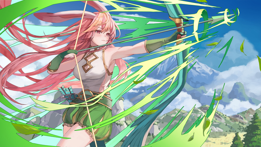 afk_journey animal_ears archery_shooting_glove arrow_(projectile) bow_(weapon) breasts cleavage_cutout clothing_cutout commentary_request cowboy_shot day elbow_gloves female gloves green_gloves green_shorts highres holding holding_arrow holding_bow_(weapon) holding_weapon large_breasts long_hair looking_to_the_side lyca_(afk) outdoors partially_fingerless_gloves pink_eyes pink_hair pongdo puffy_shorts rabbit_ears shirt shorts sleeveless sleeveless_shirt solo weapon white_shirt