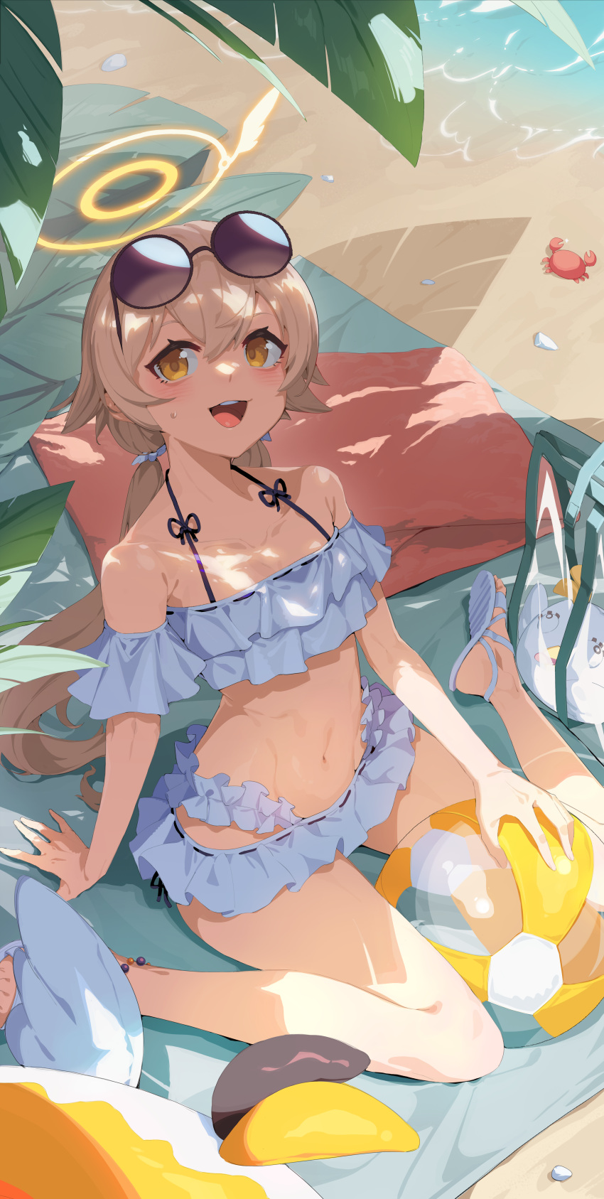 :d absurdres bare_shoulders beach bikini blonde_hair blue_archive blush bow breasts brown_eyes crab day eyewear_on_head female frilled_bikini frills hair_between_eyes halo hifumi_(blue_archive) hifumi_(swimsuit)_(blue_archive) highres holding innertube long_hair looking_at_viewer navel off-shoulder_bikini off_shoulder official_alternate_costume open_mouth outdoors sand sandals sitting smile solo stomach sunglasses swim_ring swimsuit thighs twintails very_long_hair water white_bikini wings yoni_(zhang)