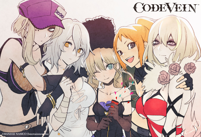 2020 5girls aqua_eyes armlet bandai_namco black_dress black_eyes black_eyeshadow black_gloves black_hat black_shorts blonde_hair breasts cleavage closed_mouth coco_(code_vein) code_vein commentary_request copyright_name copyright_notice dress elbow_gloves eva_roux eyeshadow feather_boa fingerless_gloves flower fur_hat gloves grey_eyes hat highres hug hug_from_behind io_(code_vein) jewelry kurumi_kobayashi large_breasts long_hair looking_at_viewer makeup mia_karnstein multiple_girls murasame_rin_(code_vein) new_year official_art one_eye_closed open_mouth orange_eyes orange_hair papakha ponytail purple_hat red_dress rose scar scar_on_face second-party_source short_hair shorts sidelocks simple_background smile sports_bra strap_slip teeth torn_clothes torn_dress upper_body upper_teeth_only white_background white_dress white_hair wrist_wrap