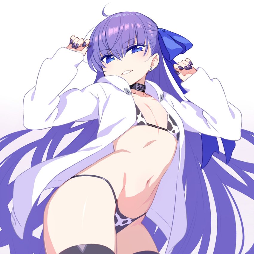 ahoge animal_print arms_up bikini black_thighhighs blue_eyes blue_ribbon buckle chan_co collar contrapposto cow_print cowboy_shot duplicate earrings fate/grand_order fate_(series) female flat_chest hair_ribbon highres jacket jewelry long_hair long_sleeves looking_at_viewer meltryllis_(fate) nail_polish navel open_clothes open_jacket parted_lips print_bikini purple_hair purple_nails ribbon smile solo stomach stud_earrings swimsuit thighhighs very_long_hair white_jacket