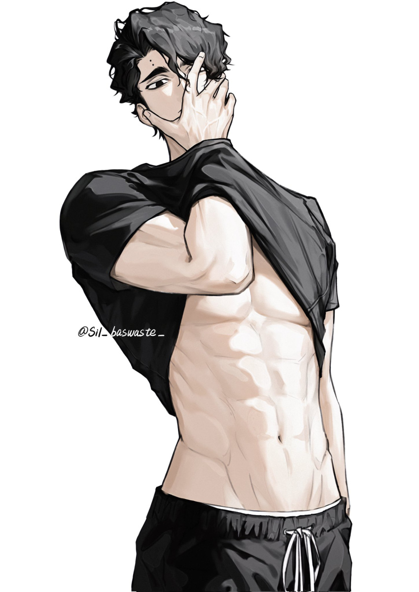 1boy abs black_eyes black_hair black_shirt black_shorts clothes_lift covering_own_mouth cowboy_shot curly_hair guilty_challenge_(meme) haikyuu!! hair_between_eyes hair_over_one_eye hand_under_clothes hand_under_shirt highres male_focus meme pectoral_cleavage pectorals sakusa_kiyoomi shirt shirt_lift short_hair shorts sil_baswaste simple_background solo twitter_username white_background